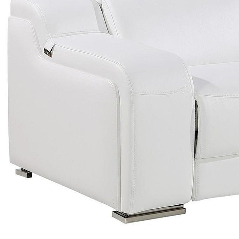 129" White Italian Leather Reclining USB Sofa armrest detail showcasing premium leather and metal accents.