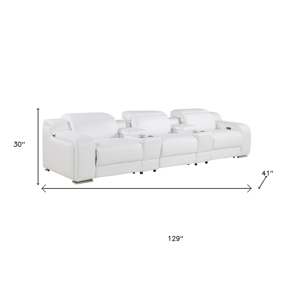 129" White Italian Leather Reclining USB Sofa dimensions with length 129", height 30", depth 41".