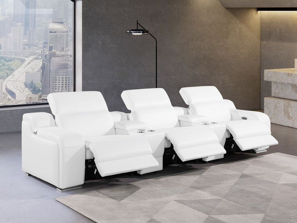 129" White Italian Leather Reclining USB Sofa in elegant living room setting with modern decor.