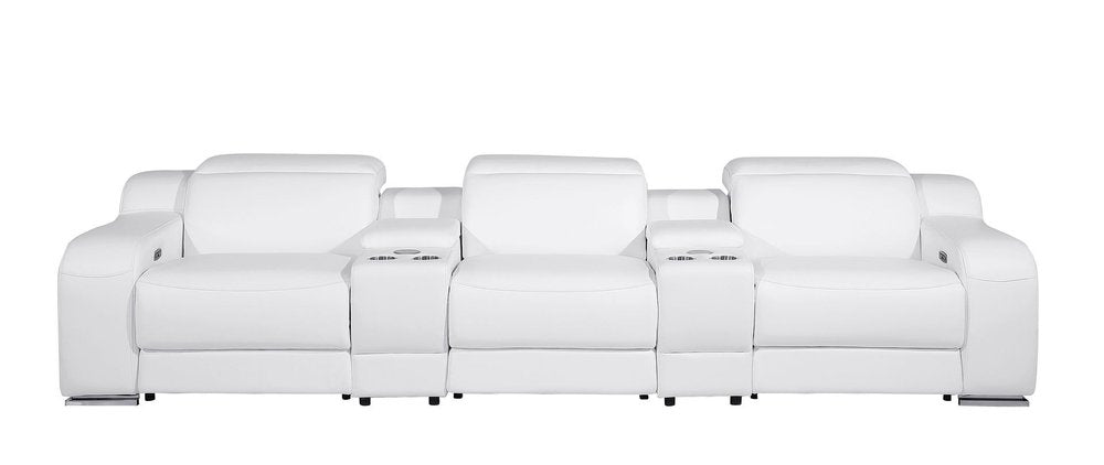 129" White Italian Leather Reclining USB Sofa showcasing its sleek design and luxurious white leather upholstery.