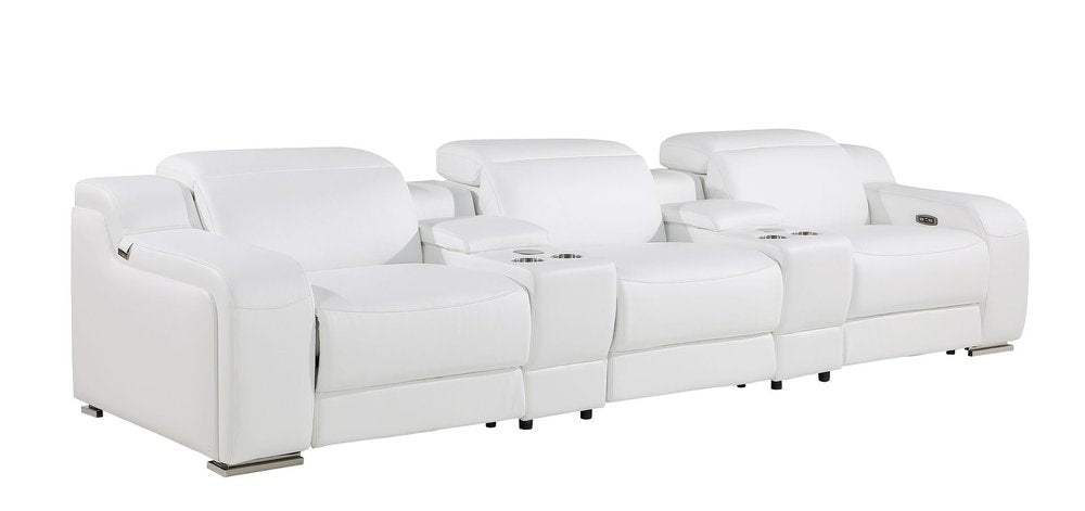 129" White Italian Leather Reclining USB Sofa in luxurious soft leather, perfect for comfortable lounging.
