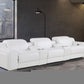129" White Italian Leather Reclining USB Sofa in modern living room setting.