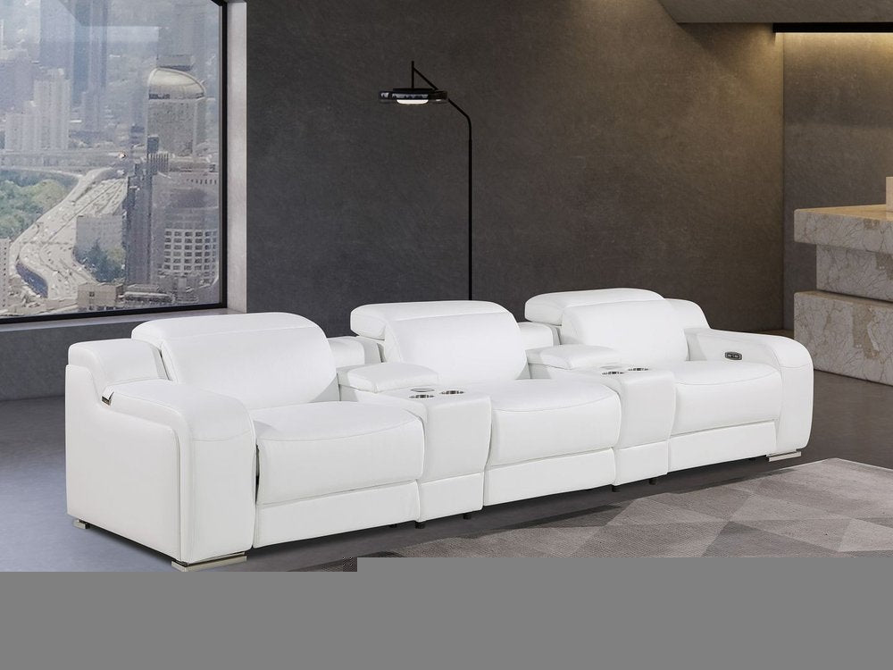 129" White Italian Leather Reclining USB Sofa in modern living room setting.