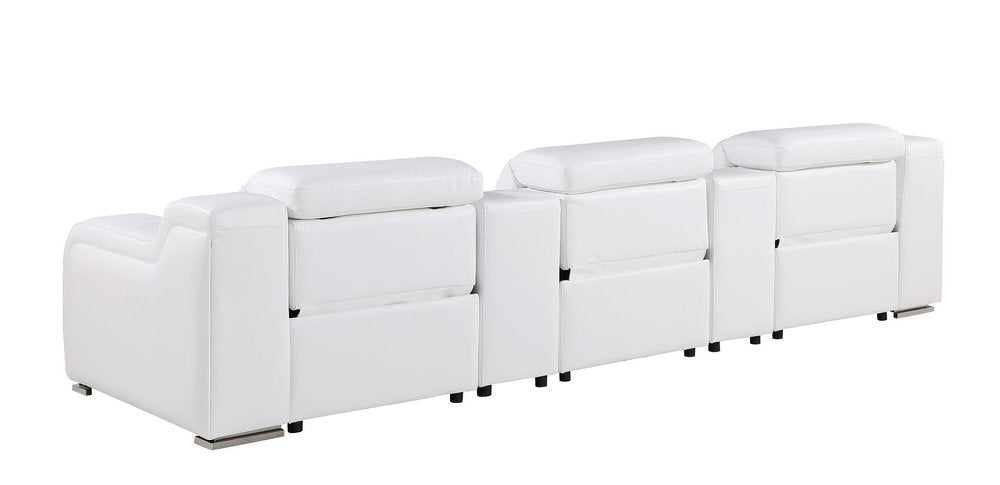 129" White Italian Leather Reclining USB Sofa in elegant white leather featuring a sleek design and modern appeal.