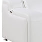 Close-up of the armrest and luxurious white Italian leather of the 129" White Italian Leather Reclining USB Sofa.