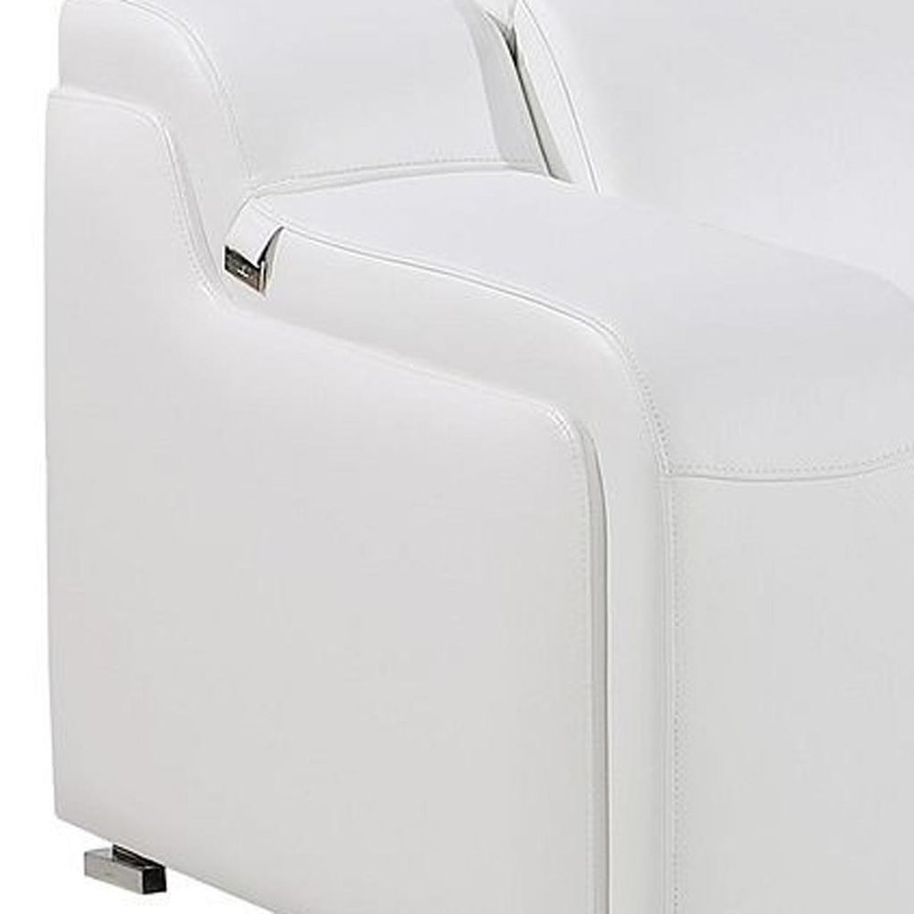 Close-up of the armrest and luxurious white Italian leather of the 129" White Italian Leather Reclining USB Sofa.
