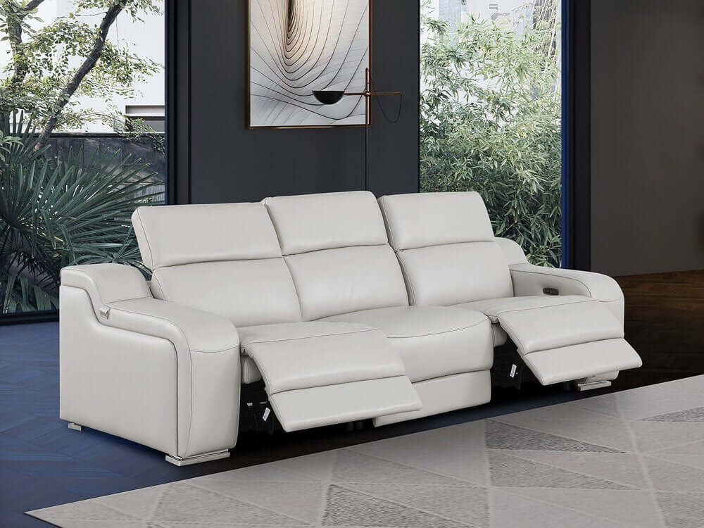 103" Italian Leather Reclining USB Sofa | Power Recliner Couch in modern living room setting.