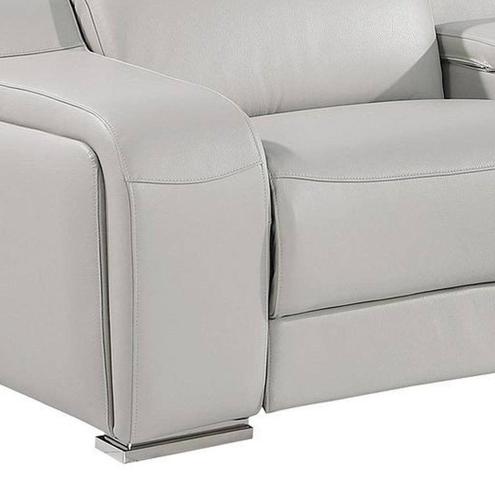 Close-up of the armrest of a stylish 129" White Italian Leather Reclining USB Sofa showcasing premium leather quality.