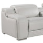 129" White Italian Leather Reclining USB Sofa with soft gray leather and modern design for elegant comfort.