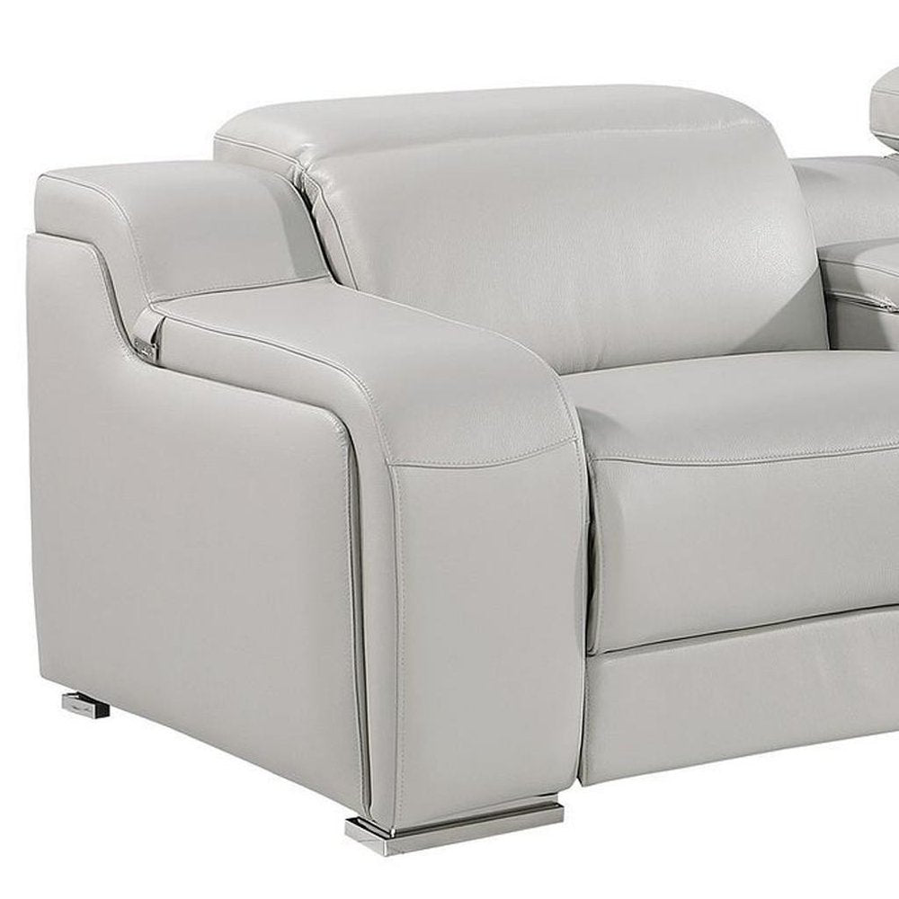 129" White Italian Leather Reclining USB Sofa with soft gray leather and modern design for elegant comfort.