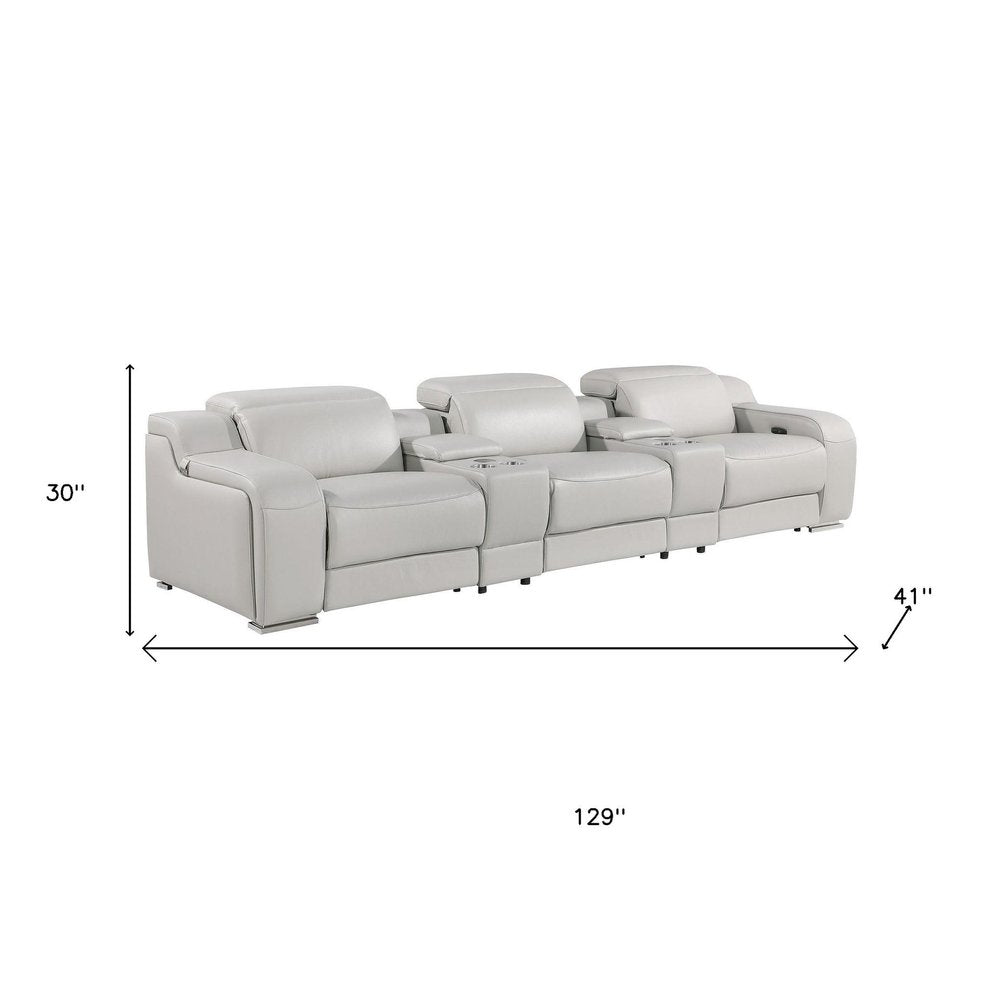 129" White Italian Leather Reclining USB Sofa with dimensions 30" height, 41" depth, and 129" width.