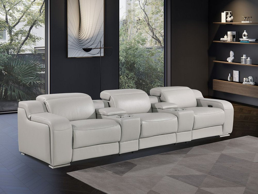 129" White Italian Leather Reclining USB Sofa in a modern living room setting.