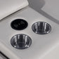 Detail of the USB and cup holders on the 129" White Italian Leather Reclining USB Sofa.