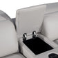 Close-up view of the armrest storage compartment in the 129" White Italian Leather Reclining USB Sofa.