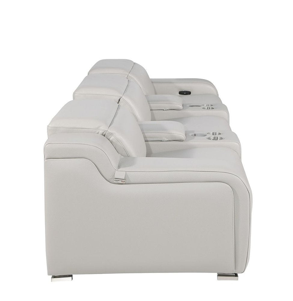 129" White Italian Leather Reclining USB Sofa side view with soft leather and reclining features.