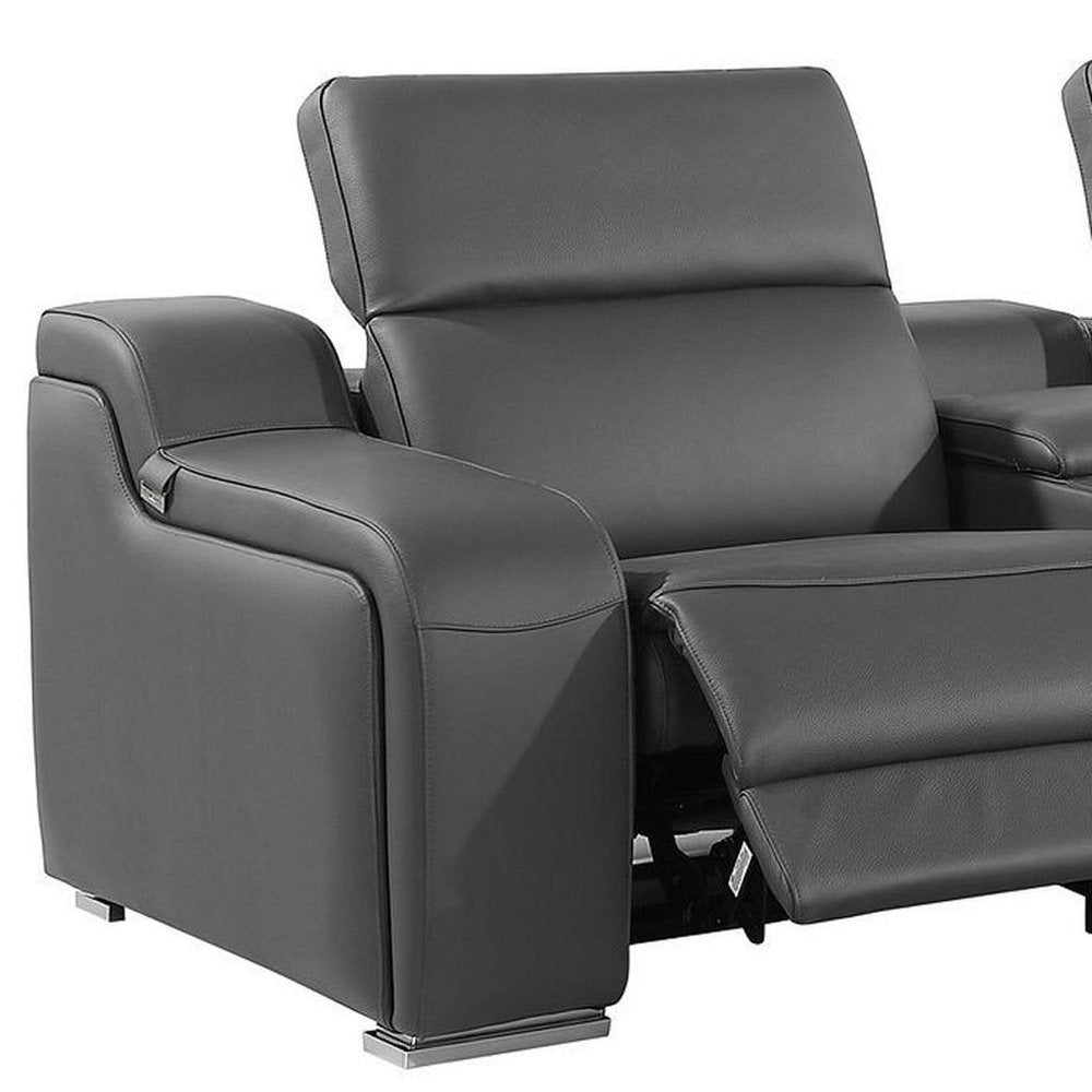 129" White Italian Leather Reclining USB Sofa with modern design and plush seating for ultimate comfort.