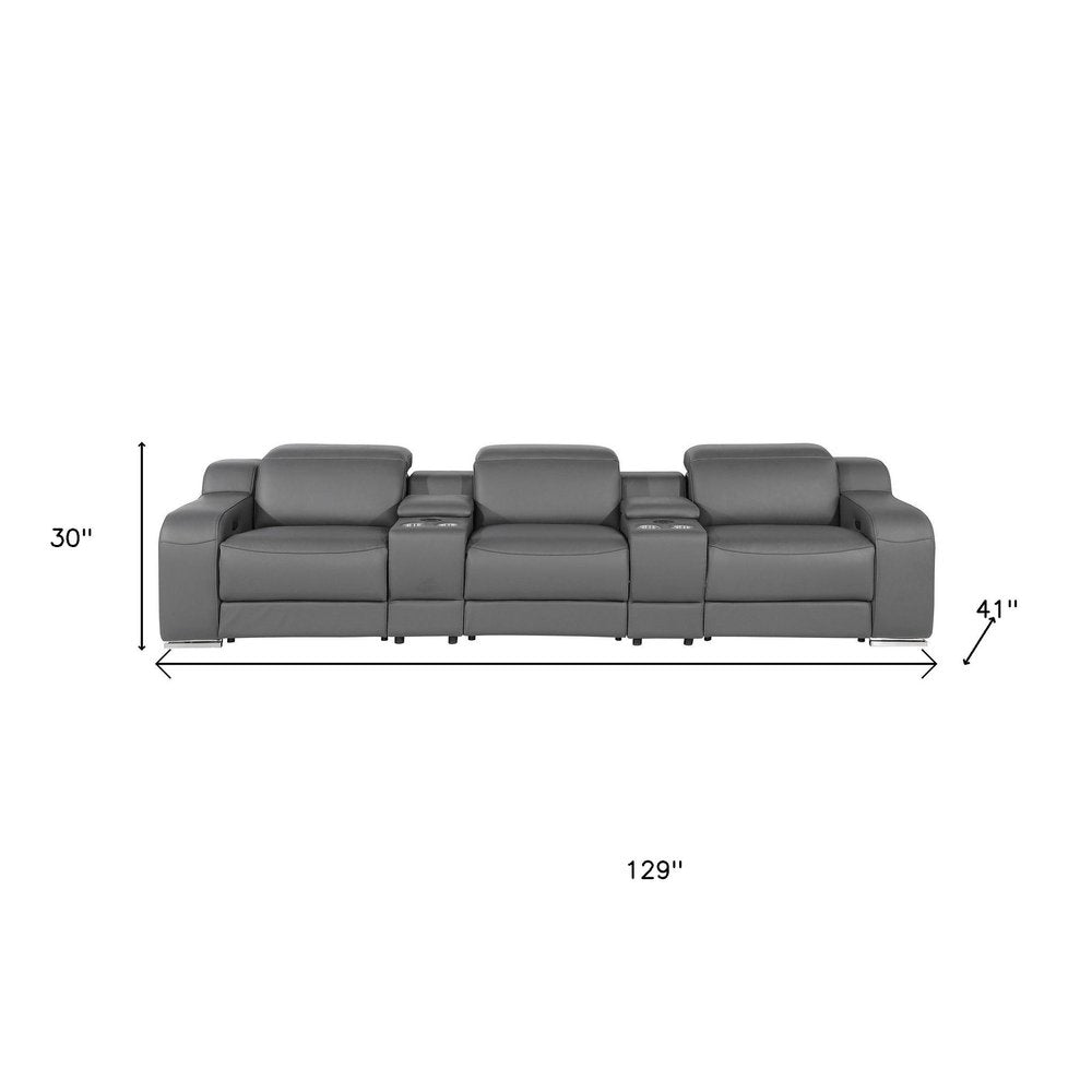 129" White Italian Leather Reclining USB Sofa dimensions showing 30" height, 41" depth, and 129" length.