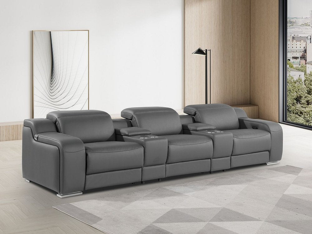 129" White Italian Leather Reclining USB Sofa in a modern living room setting, featuring plush seating and sleek design.
