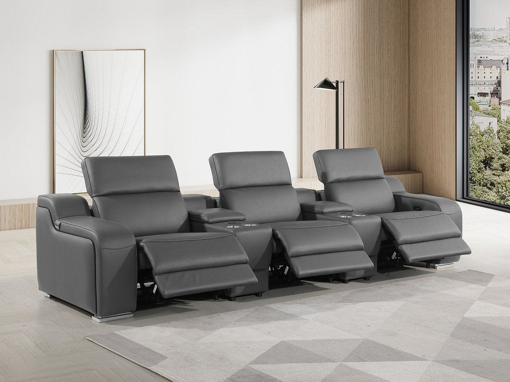 129" White Italian Leather Reclining USB Sofa in a modern living room setting with natural light.