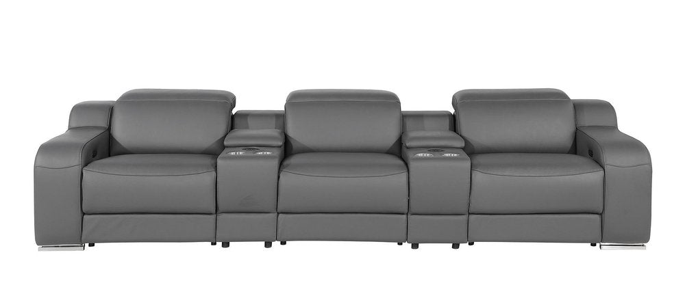 129" White Italian Leather Reclining USB Sofa in sleek gray leather with cup holders and a modern design.