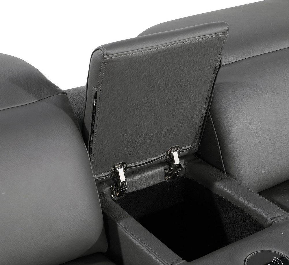 Detail of the storage compartment in the 129" White Italian Leather Reclining USB Sofa.