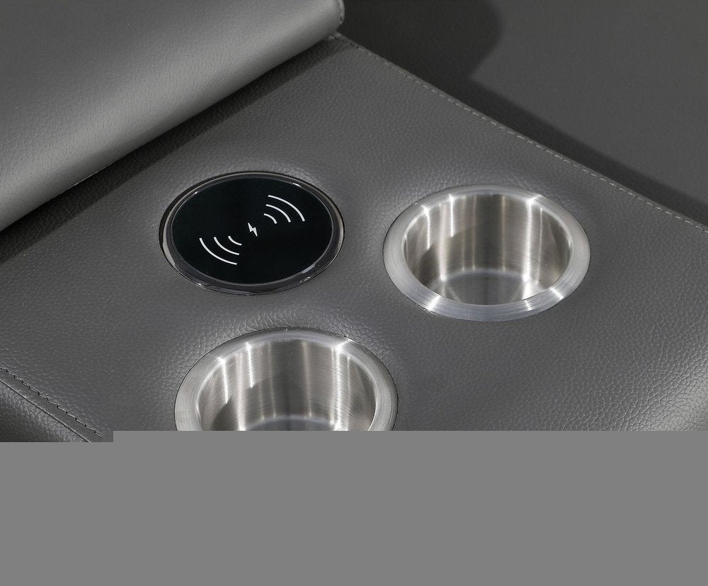 129" White Italian Leather Reclining USB Sofa cupholders and wireless charging station detail
