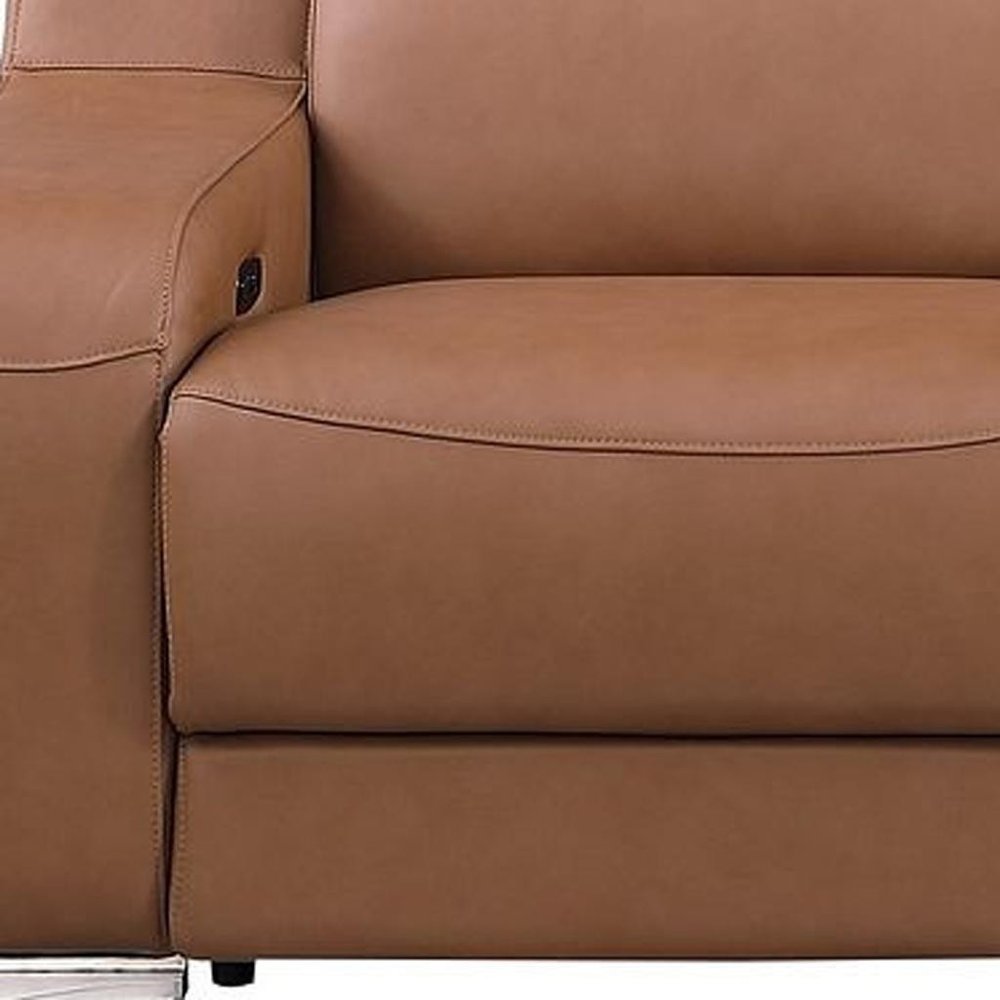 Detail of the 129" White Italian Leather Reclining USB Sofa showcasing the soft leather and reclining mechanism.