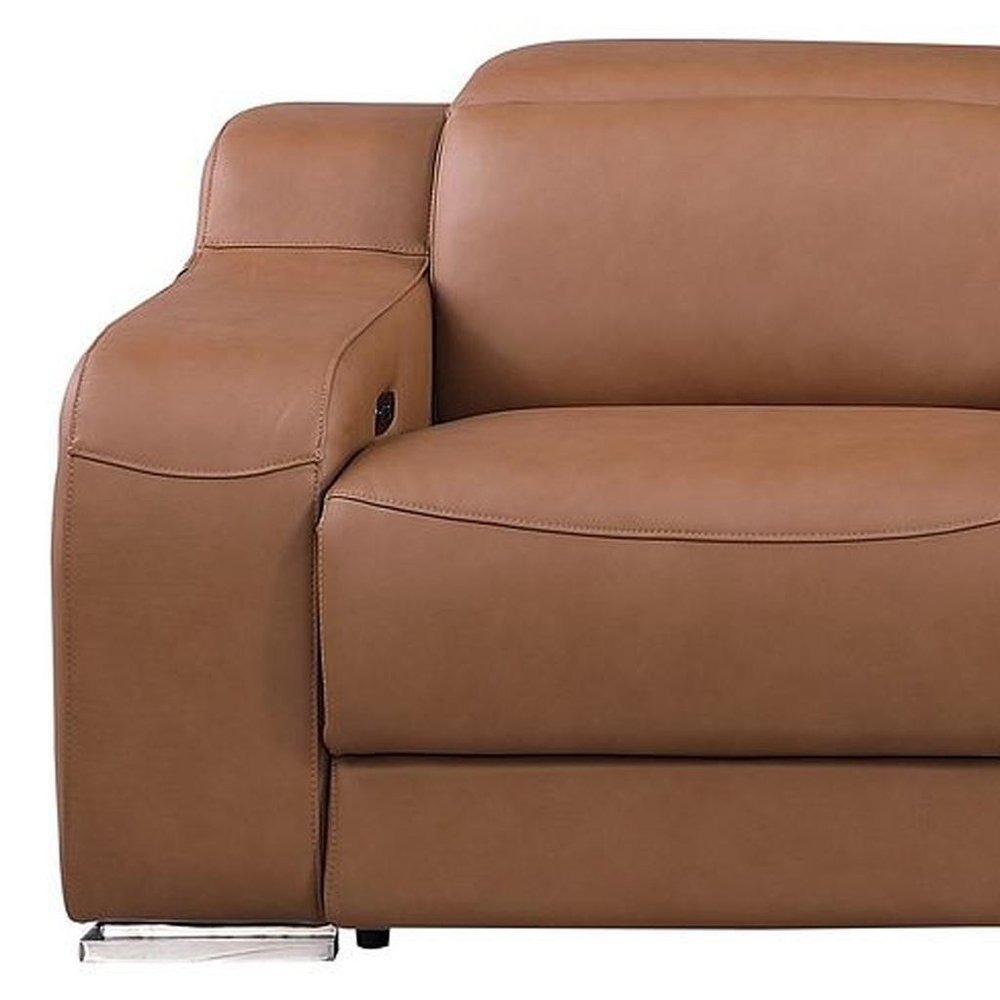 129" White Italian Leather Reclining USB Sofa close-up showing luxurious leather and armrest details.
