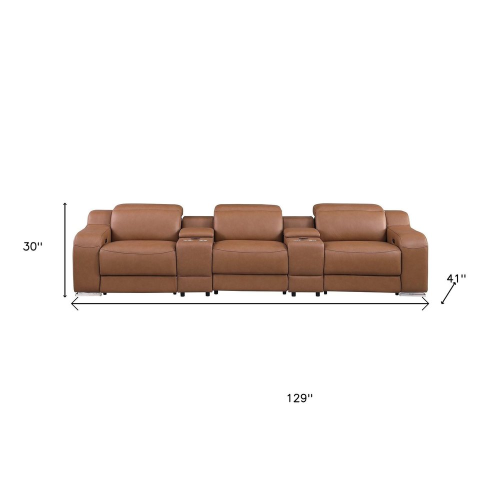 129" White Italian Leather Reclining USB Sofa dimensions showing width of 129", height of 30", and depth of 41".