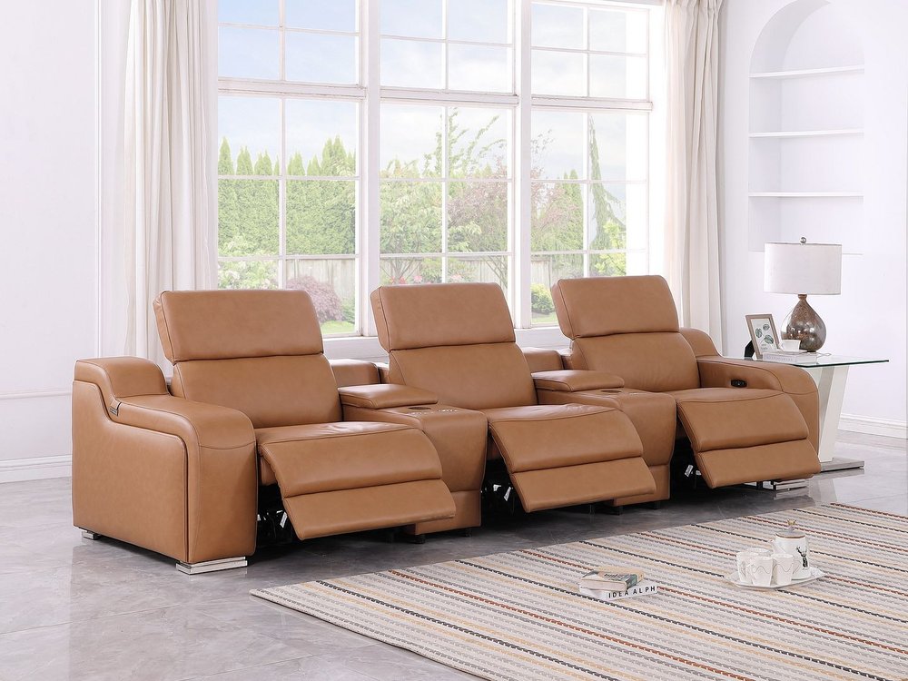129" White Italian Leather Reclining USB Sofa in a modern living room with natural light.