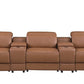 129" White Italian Leather Reclining USB Sofa in a brown color with comfortable seating and armrests.
