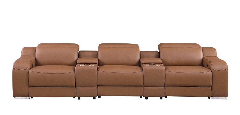 129" White Italian Leather Reclining USB Sofa in a brown color with comfortable seating and armrests.