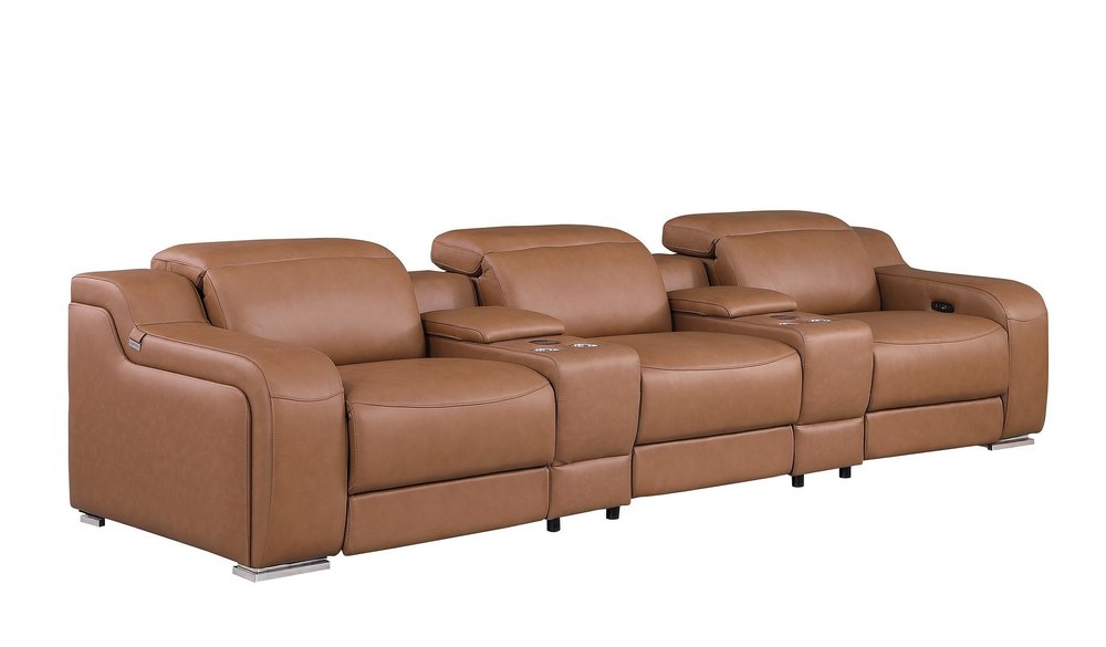 129" White Italian Leather Reclining USB Sofa in a modern living room setting with stylish design and USB charging.