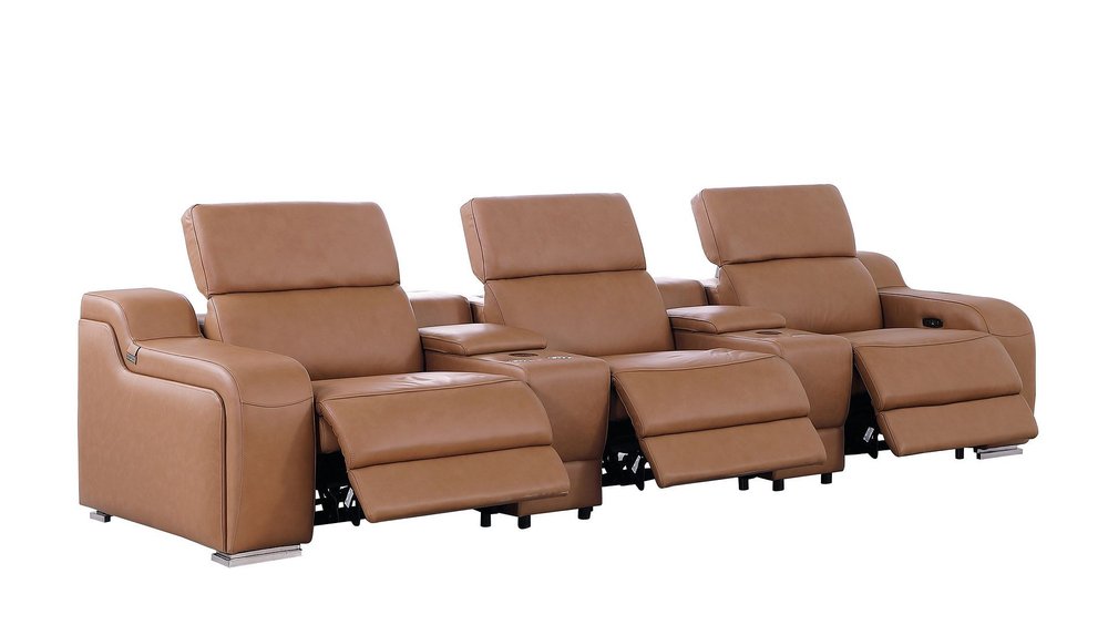 129" White Italian Leather Reclining USB Sofa in luxurious brown leather with reclining features.