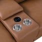 Close-up view of the cup holder and charging port on the 129" White Italian Leather Reclining USB Sofa.