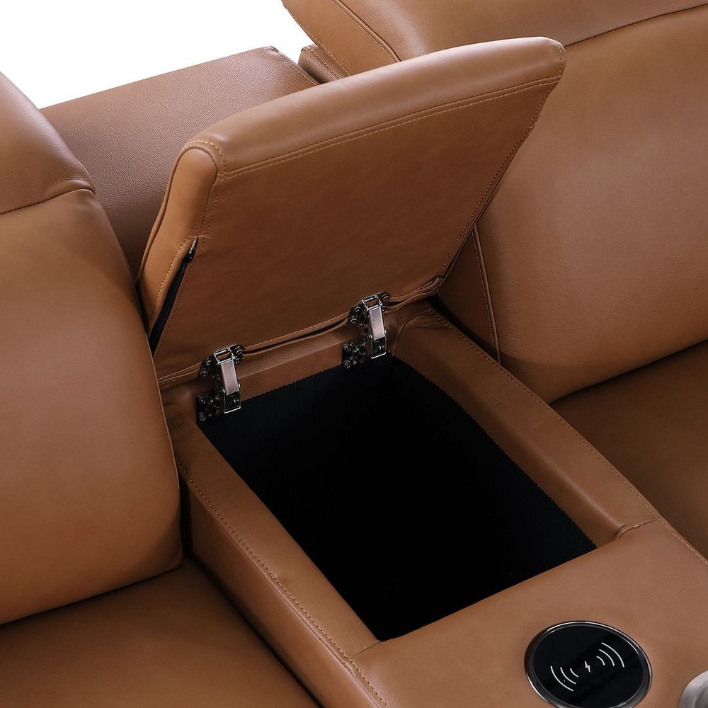 Reclining USB sofa armrest with storage compartment and cup holder, showcasing luxurious leather craftsmanship.