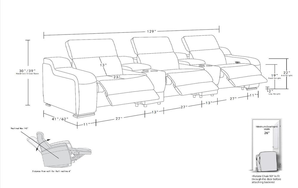 Dimensions of the 129" White Italian Leather Reclining USB Sofa with detailed measurements.