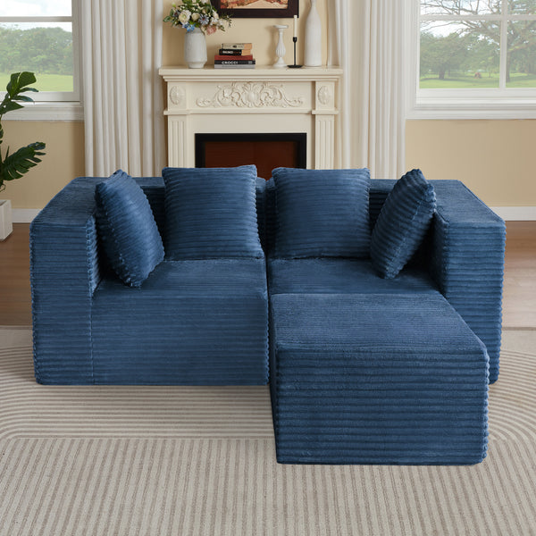 Abernathy Blue Corduroy Modular Sofa – 3-Seat Boneless Compressed Couch