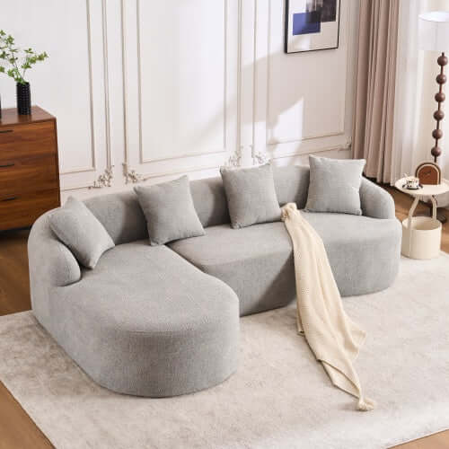Boneless Modular Chenille Sectional Sofa – 99” Curved Chaise Compression Couch (White) in soft gray fabric with pillows.