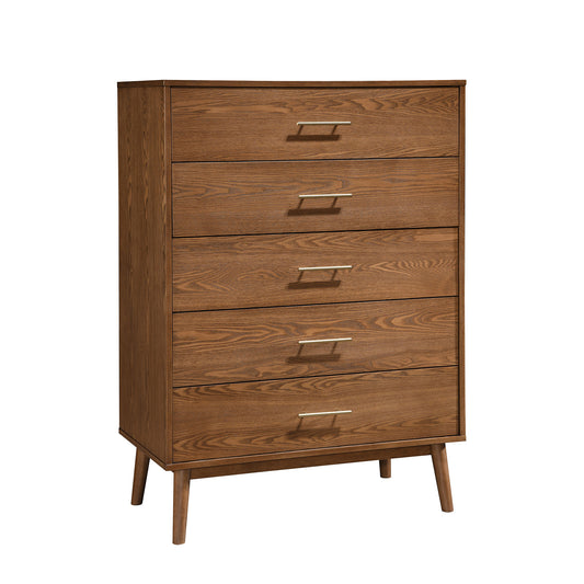 Ridley Walnut Solid Wood Chest of Drawers – 34" Five-Drawer Tall Dresser