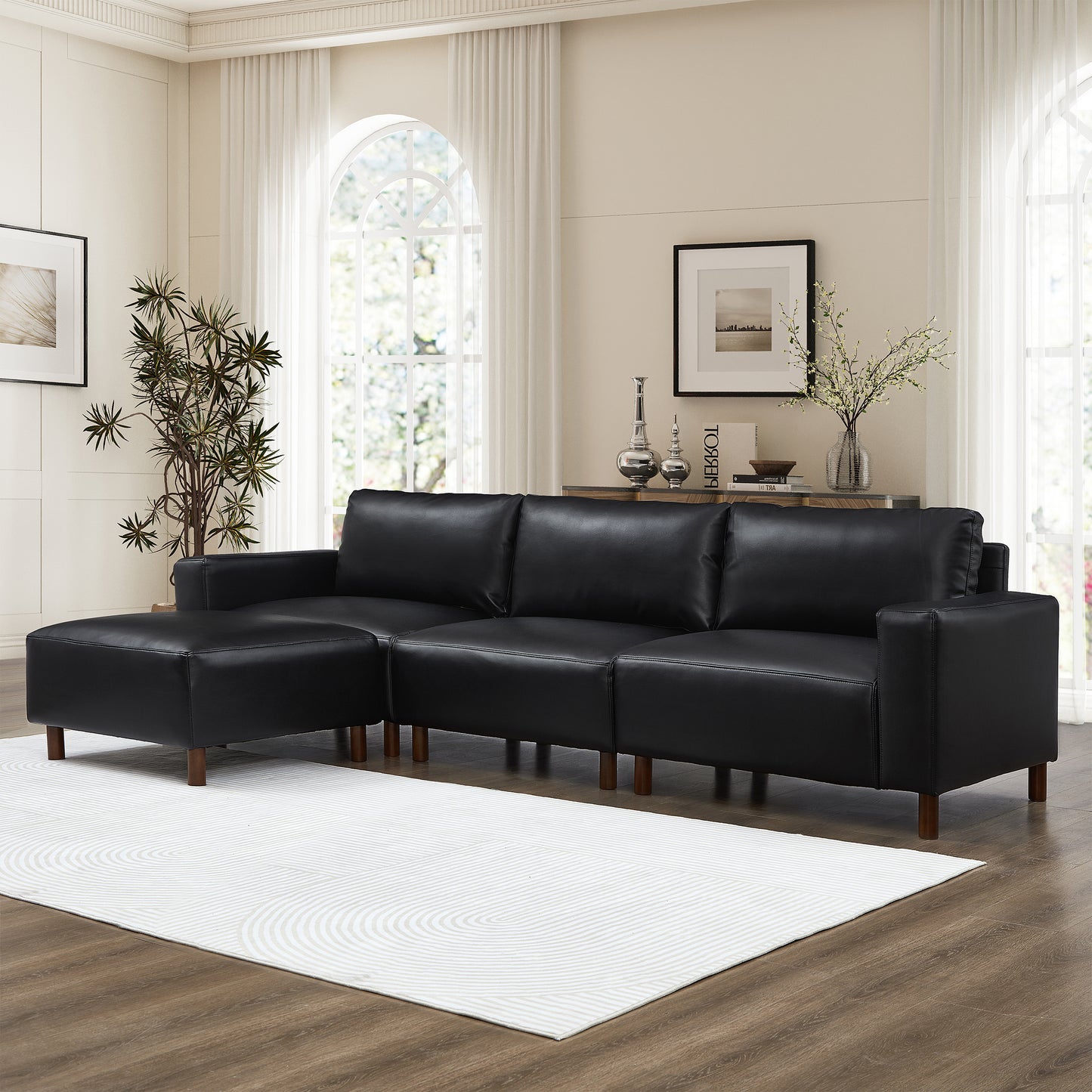 Nigel Black PU Leather Modular Sectional Sofa – 112" L-Shape Couch with Convertible Ottoman Chaise