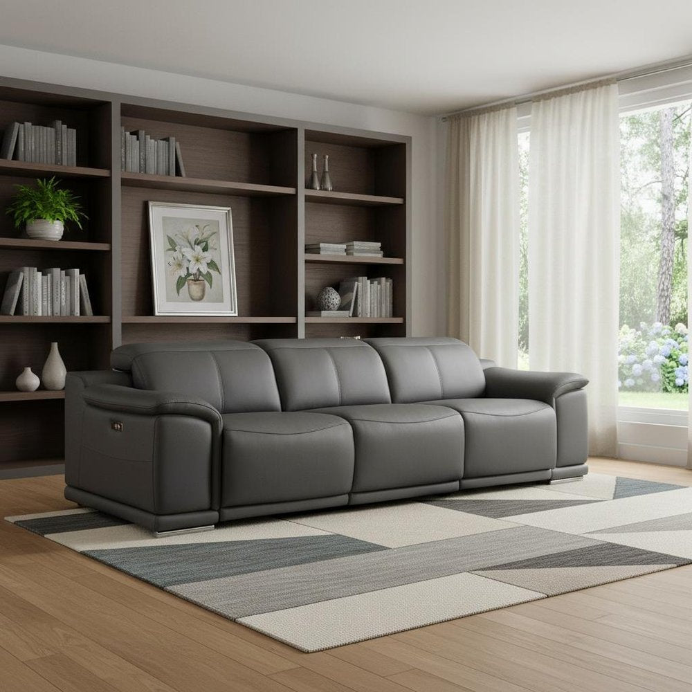 107" Top Grain Leather Power Reclining Sofa with USB Charging | Modern 3-Seat Recliner