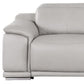 107" Light Gray Top Grain Leather Reclining USB Sofa close-up showing soft leather and sleek armrest design.