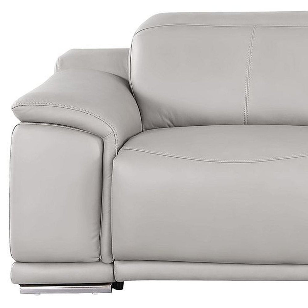 107" Light Gray Top Grain Leather Reclining USB Sofa close-up showing soft leather and sleek armrest design.