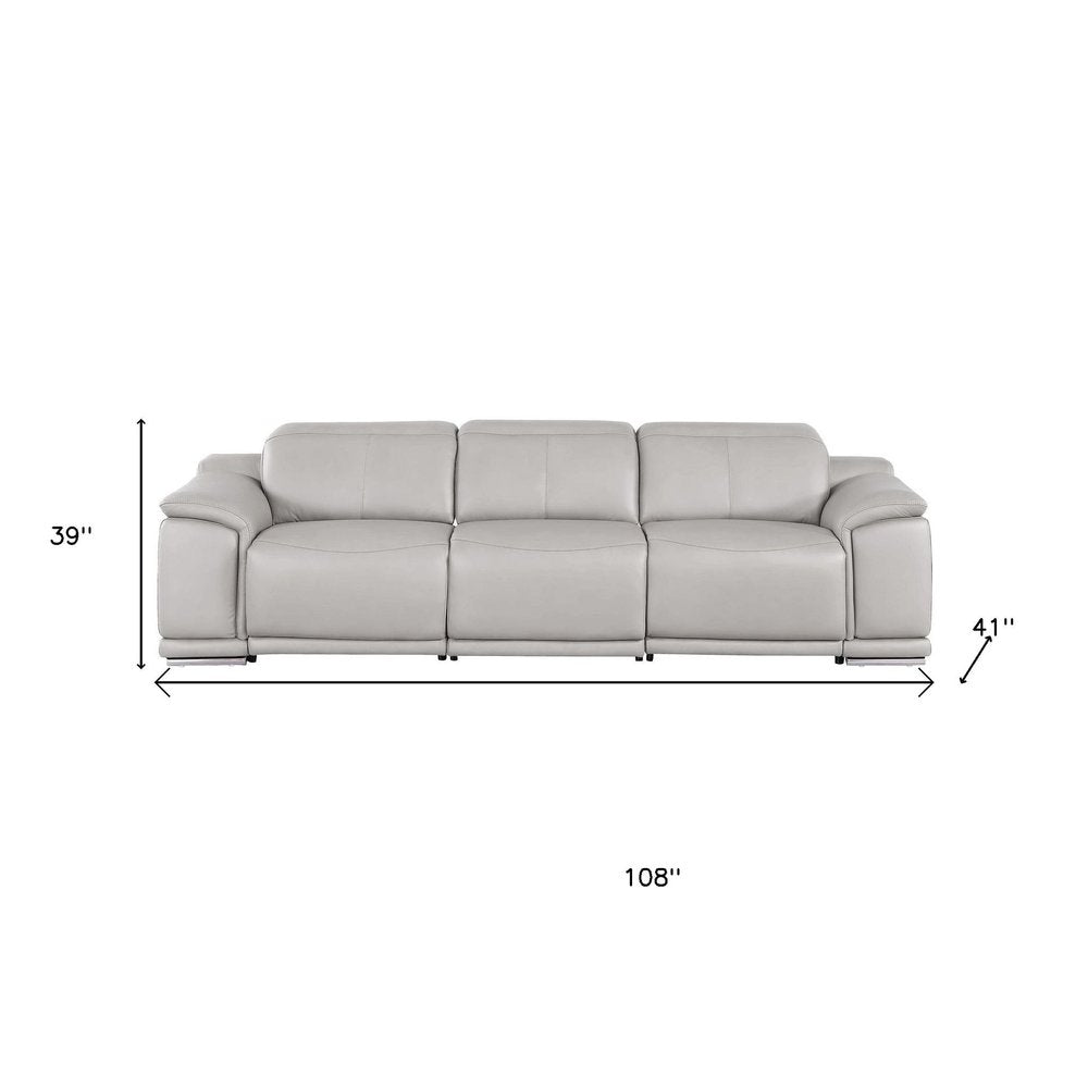 107" Light Gray Top Grain Leather Reclining USB Sofa dimensions: 108" wide, 39" high, 41" deep.