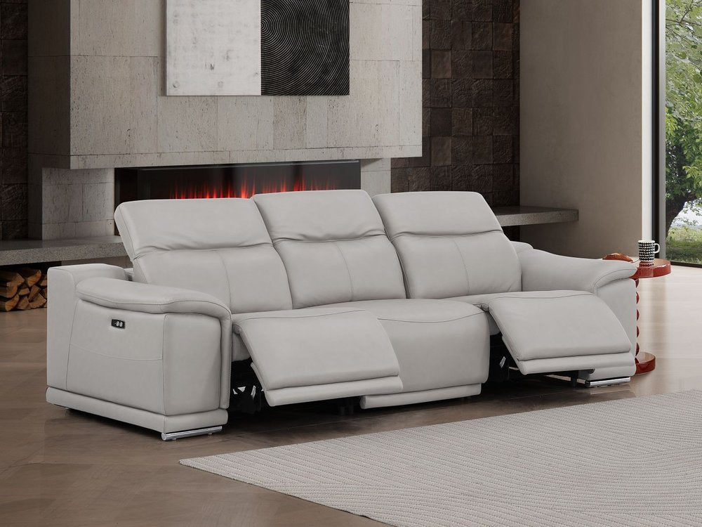 107" Light Gray Top Grain Leather Reclining USB Sofa showcased in a modern living room setting.