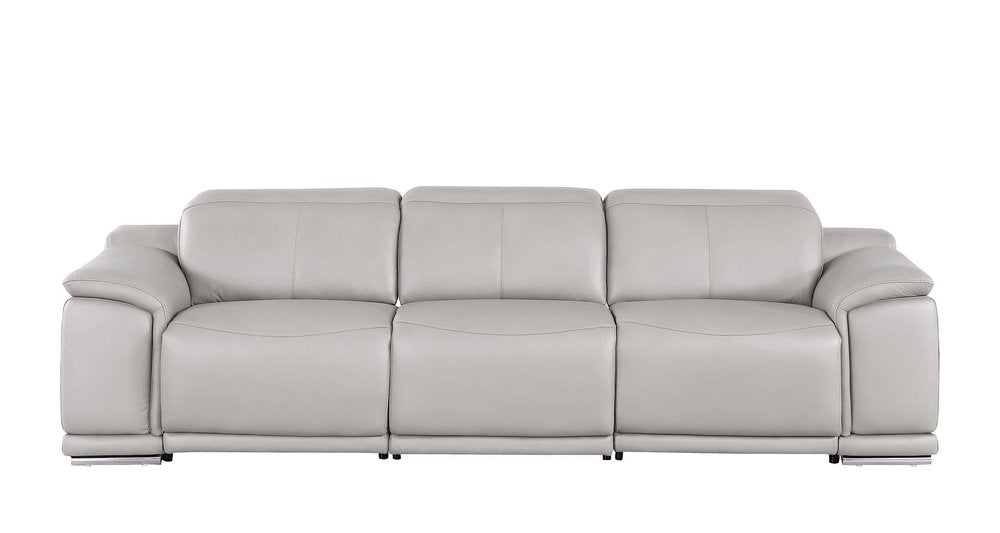 107" Light Gray Top Grain Leather Reclining USB Sofa with plush seating and modern design.
