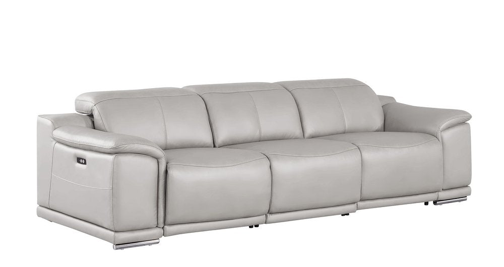107" Light Gray Top Grain Leather Reclining USB Sofa with luxurious soft leather and elegant design.