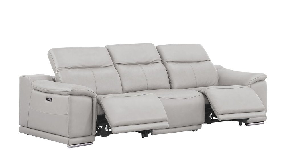 107" Light Gray Top Grain Leather Reclining USB Sofa with plush seating and reclining features.