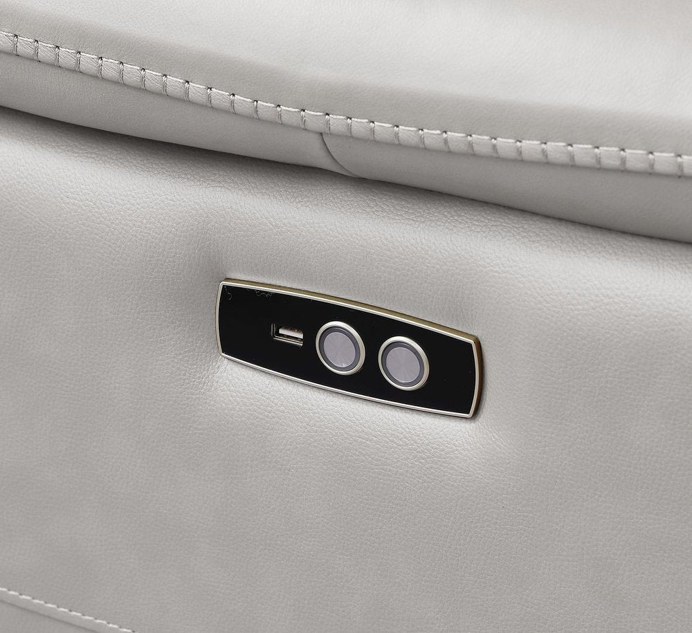 Close-up of the USB control panel on the 107" Light Gray Top Grain Leather Reclining USB Sofa.